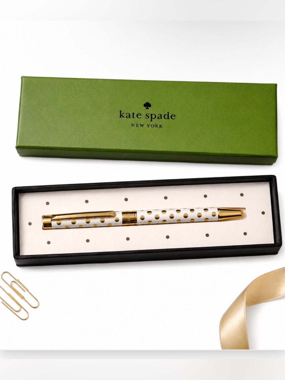 Kate Spade Gold Polka Dot Ball Point Pen in Reusable Gift Box - Black Ink